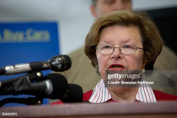 Sen. Barbara Mikulski speaks at a press conference at a Chevrolet dealership on November 12, 2008 in Bethesda, Maryland. Sen. Mikulski is proposing...