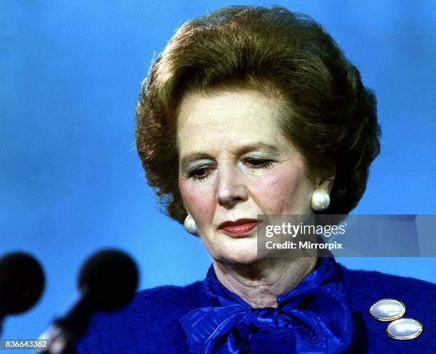 Conservative Party leader and Prime Minister Margaret Thatcher speaking at a conference Circa 1983.