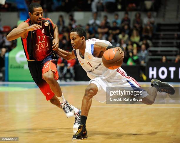 Mustafa Shakur, #22 of TAU Ceramica and Brandon Jennings, #11 of Lottomatica Roma in action during the Euroleague Basketball Game 4 match between Tau...