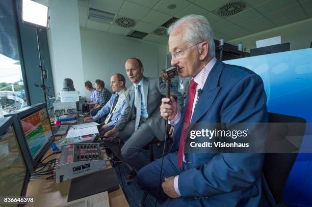 Former England captains and current Sky Sports commentators David Gower and Nasser Hussain during day two of the 1st Investec test match between...