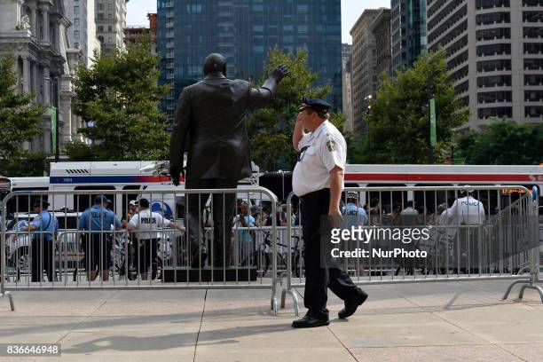 Protestors demand the removal of the Frank Rizzo statue, at a rally near City Hall, in Philadelphia, PA, on August 21, 2017.