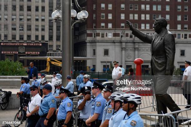 Protestors demand the removal of the Frank Rizzo statue, at a rally near City Hall, in Philadelphia, PA, on August 21, 2017.