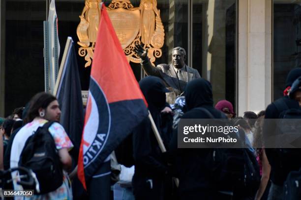 Protestors demand the removal of the Frank Rizzo statue, at a rally near City Hall, in Philadelphia, PA, on August 21, 2017.