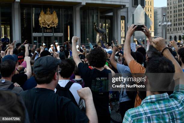 Protestors demand the removal of the Frank Rizzo statue, at a rally near City Hall, in Philadelphia, PA, on August 21, 2017.