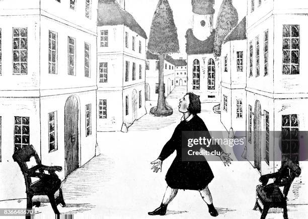 fairy tale könig nussknacker: boy standing in the street shouting - heinrich hoffmann stock illustrations