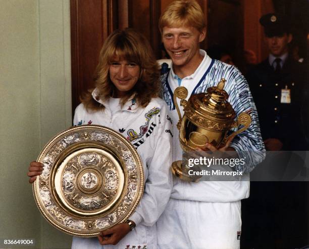 Boris Becker Tennis and Steffi Graf Tennis holding the winning trophies from the Wimbledon Tennis Championships.