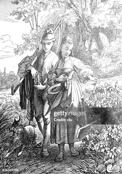 farmer couple coming home from working in the fields - running behind stock illustrations