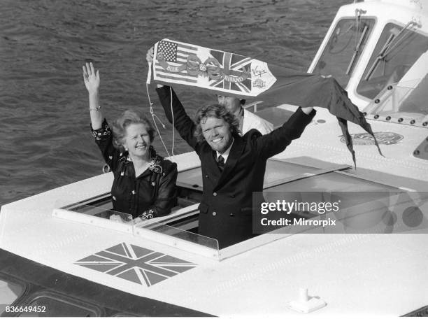 Richard Branson tycoon with Margaret Thatcher on his boat Virgin Atlantic Challenger 1986.