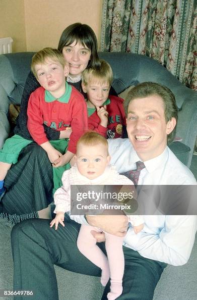 Tony Blair future labour prime minister with his wife Cherie and sons