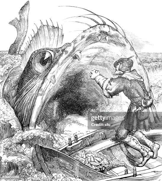 man looking into the huge mouth of a fish - whale tale stock illustrations