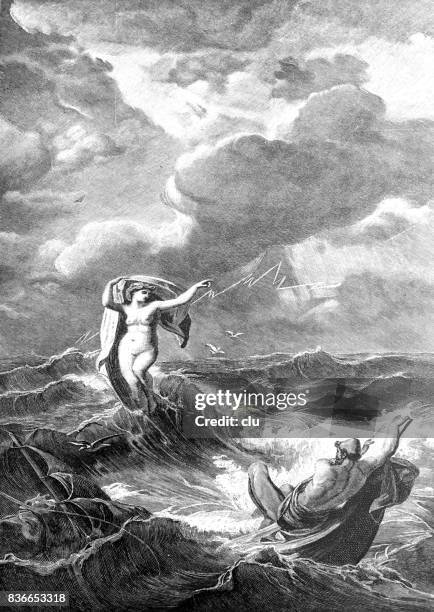 ilustraciones, imágenes clip art, dibujos animados e iconos de stock de odysseus y leukothea en el océano - ulises
