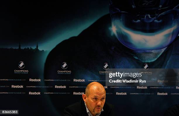 Coach Coach Kent Johansson of HV71 attends the press conference after the IIHF Champions Hockey League game between SC Bern and HV71 Jonkoping at the...