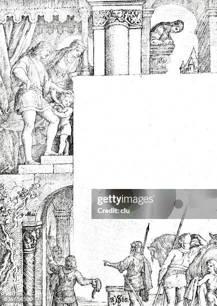 scene of the nibelungenlied: couple watching down to soldiers arriving - sigurd mythological character stock illustrations
