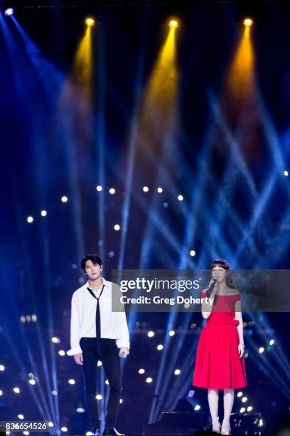 Leo from VIXX and Minah from Girl"u0092s Day perform at KCON 2017 Concert at Staples Center on August 19, 2017 in Los Angeles, California.