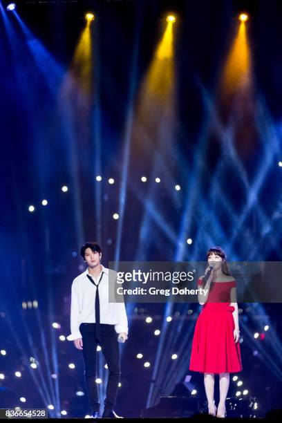 Leo from VIXX and Minah from Girl"u0092s Day perform at KCON 2017 Concert at Staples Center on August 19, 2017 in Los Angeles, California.