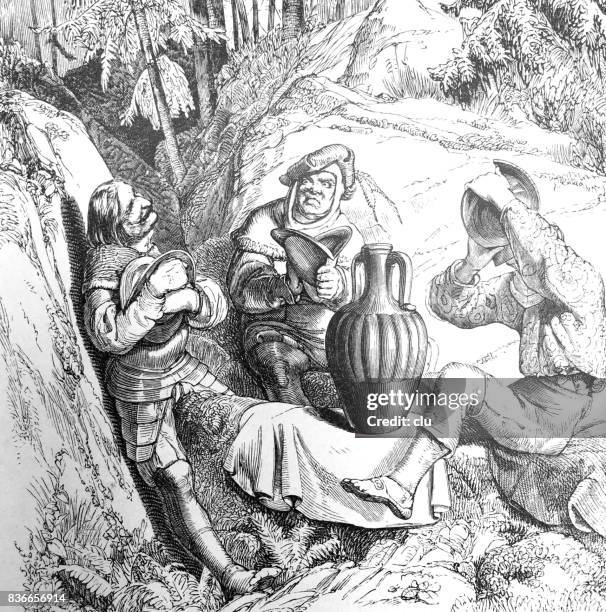 three men sitting in the woodland, drinking - forest path stock illustrations