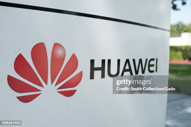 Signage with logo at the Silicon Valley headquarters of Chinese telecommunications company Huawai, Santa Clara, California, August 17, 2017. .