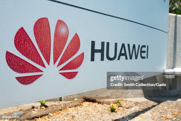 Signage with logo at the Silicon Valley headquarters of Chinese telecommunications company Huawai, Santa Clara, California, August 17, 2017. .