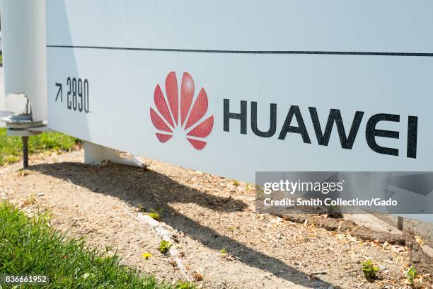 Signage with logo at the Silicon Valley headquarters of Chinese telecommunications company Huawai, Santa Clara, California, August 17, 2017. .