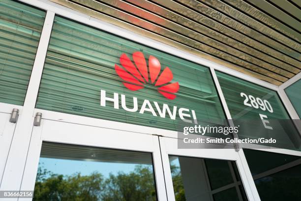 Signage with logo at the Silicon Valley headquarters of Chinese telecommunications company Huawai, Santa Clara, California, August 17, 2017. .