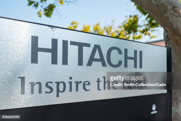Signage with logo at the Silicon Valley headquarters of Japanese multinational conglomerate Hitachi, Santa Clara, California, August 17, 2017. .