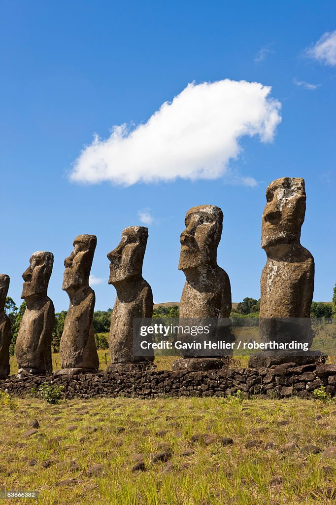 Ahu Tongariki, the largest ahu on the Island, Tongariki is a row of 15 giant stone Moai statues, Rapa Nui (Easter Island), UNESCO World Heritage Site, Chile, South America