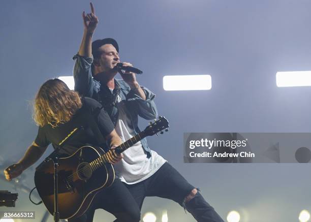 Drew Brown and Ryan Tedder of OneRepublic perform on stage at Rogers Arena on August 21, 2017 in Vancouver, Canada.