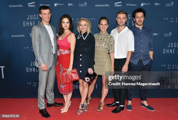 Jannis Niewoehner, Emilia Schuele, Anna Maria Muehe, Alicia von Rittberg, Jannik Schuemann and Fahri Yardim during the 'Jugend ohne Gott' premiere at...