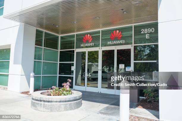 Signage with logo at the Silicon Valley headquarters of Chinese telecommunications company Huawai, Santa Clara, California, August 17, 2017. .