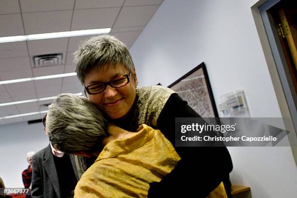 Jody Mock hugs Beth Kerrigan moments after the two women became legally married to one another at West Hartford Town Hall November 12, 2008 in West...