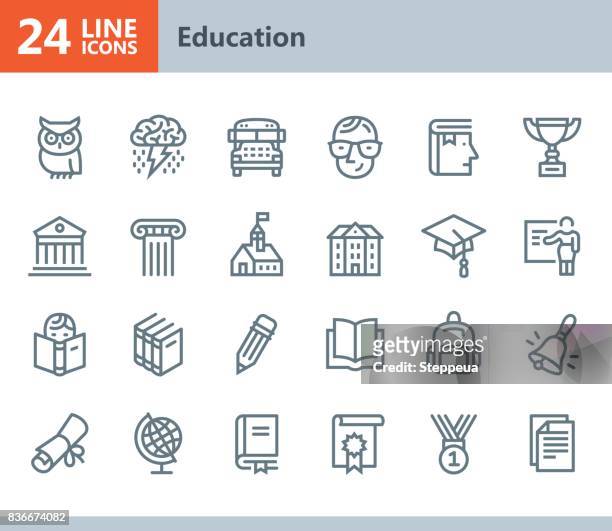 ilustraciones, imágenes clip art, dibujos animados e iconos de stock de educación - los iconos de vector de línea - búho