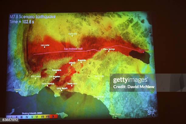 Film produced by the United States Geological Survey illustrating how shock waves from a catastrophic 7.8 magnitude earthquake on the San Andreas...