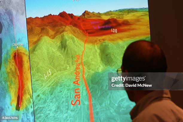 Research geophysicist with the United States Geological Survey Brad Aagaard shows members of the media a series of images that illustrate how shock...