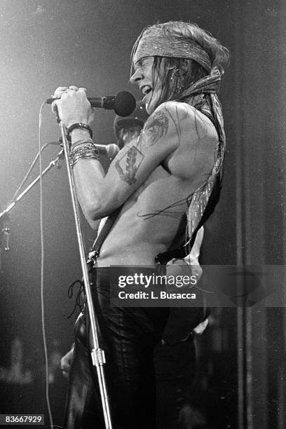 American musician Axl Rose, of the group Guns 'n' Roses, performs in concert at the Ritz, New York, New York, February 2, 1988.