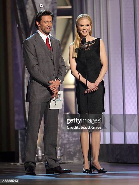 Actors Nicole Kidman and Hugh Jackman appear on stage during the 42nd Annual CMA Awards at the Sommet Center on November 12, 2008 in Nashville,...