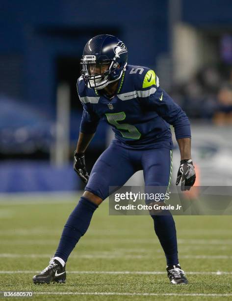 Cornerback Tramaine Brock of the Seattle Seahawks defends against the Minnesota Vikings at CenturyLink Field on August 18, 2017 in Seattle,...