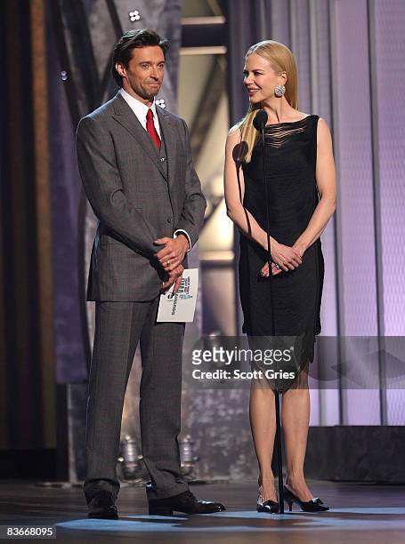 Actors Nicole Kidman and Hugh Jackman appear on stage during the 42nd Annual CMA Awards at the Sommet Center on November 12, 2008 in Nashville,...