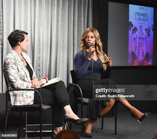 Actress Laverne Cox and New York Magazine's Stacey Wilson Hunt speak onstage at SAG-AFTRA Foundation Conversations with "Orange Is The New Black" at...