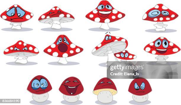 birch boletus and amanita mushrooms emotions cartoon vector - mycorrhizae stock illustrations