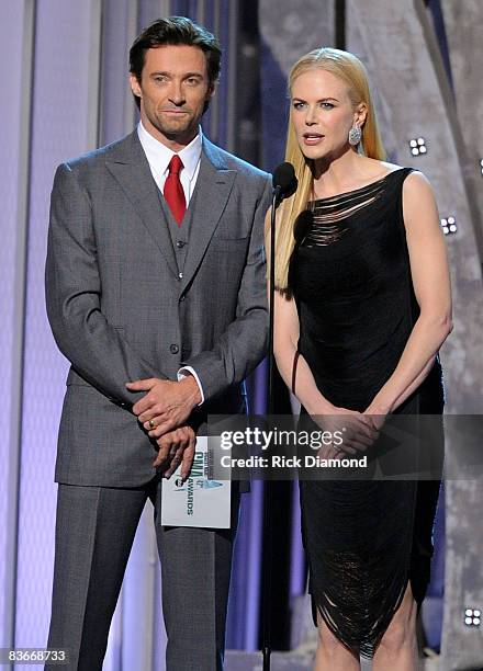 Actors Hugh Jackman and Nicole Kidman speak on stage during the 42nd Annual CMA Awards at the Sommet Center on November 12, 2008 in Nashville,...