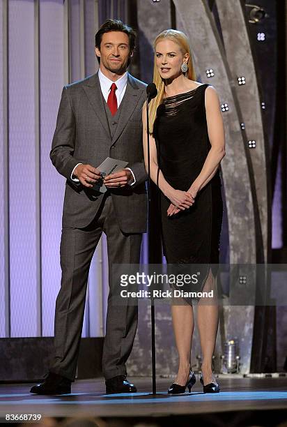 Actors Hugh Jackman and Nicole Kidman speak on stage during the 42nd Annual CMA Awards at the Sommet Center on November 12, 2008 in Nashville,...