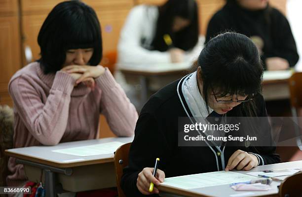 South Korean students take their College Scholastic Ability Test at a school on November 13, 2008 in Seoul, South Korea. More than 580,000 high...