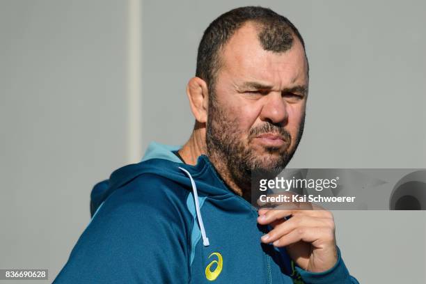 Head Coach Michael Cheika looks on during an Australian Wallabies training session at Linwood Rugby Club on August 22, 2017 in Christchurch, New...