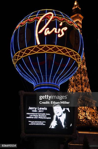 The marquee at Paris Las Vegas shows a tribute to entertainer Jerry Lewis on August 21, 2017 in Las Vegas, Nevada. Lewis died on August 20 at his...