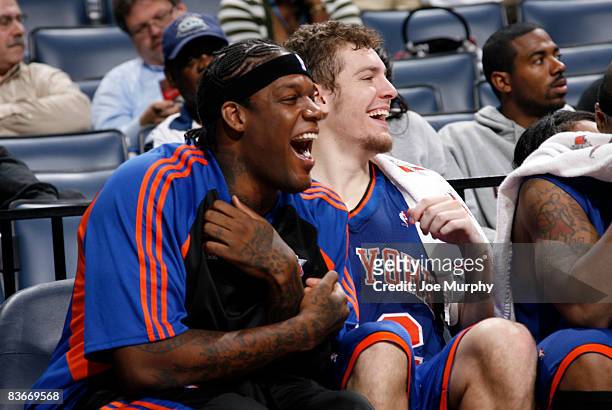 Eddy Curry and David Lee of the New York Knicks laugh from the bench and enjoy the New York Knicks' victory over the Memphis Grizzlies on November...