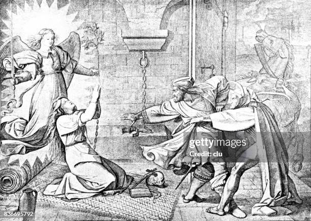 woman in prison, angel behind her - female torture stock illustrations