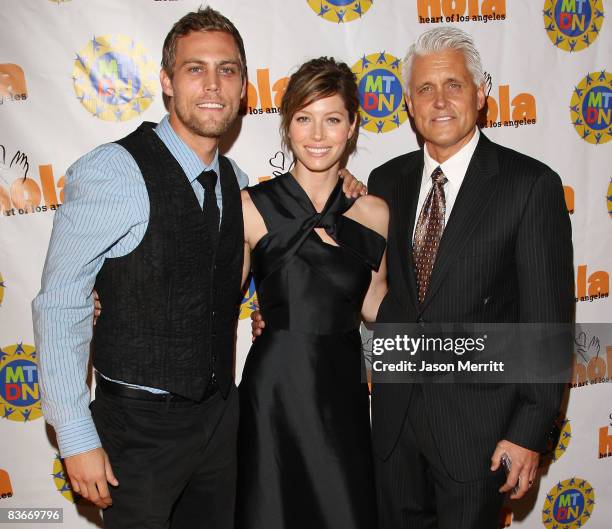Actress Jessica Biel, father Jon Biel, and brother Justin Biel arrive at the Heart of Los Angeles "Holiday of the Heart" Gala on November 12, 2008 in...
