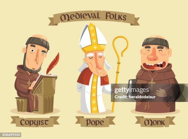 illustrazioni stock, clip art, cartoni animati e icone di tendenza di set di personaggi medievali - monaco