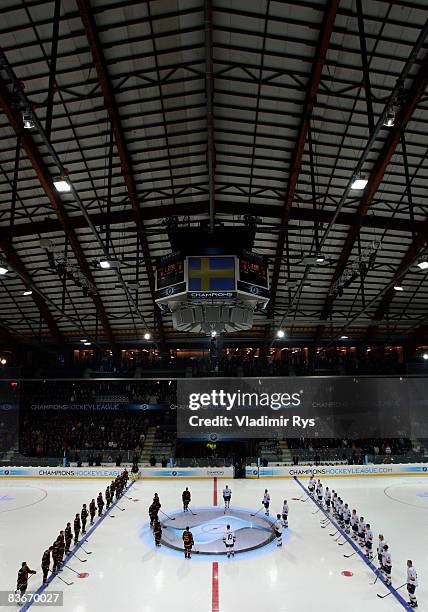 Teams line up for the anthems prior to the IIHF Champions Hockey League game between SC Bern and HV71 Jonkoping at the PostFinance-Arena on November...