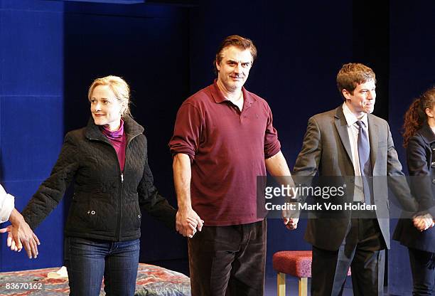 Actress Kate Blumberg, Actor Chris Noth, and Actor John Gallagher Jr take a bow at the curtain call for the opening night of "Farragut North" at the...